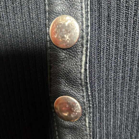 Y2K Black Ribbed Sweater Silver Snap Buttons Leather Trim Size S Gothic Vampy - Picture 4 of 13